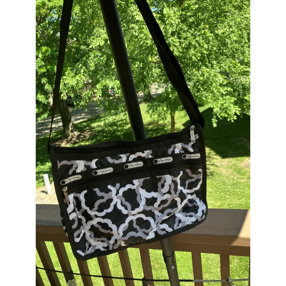 LeSportsac Black White Geometric Crossbody Shoulder Bag Nylon Travel Purse